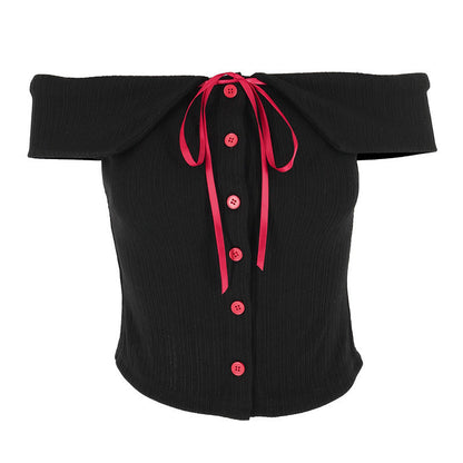 Off-Shoulder Ribbed Cardigan Top with Contrast Bow