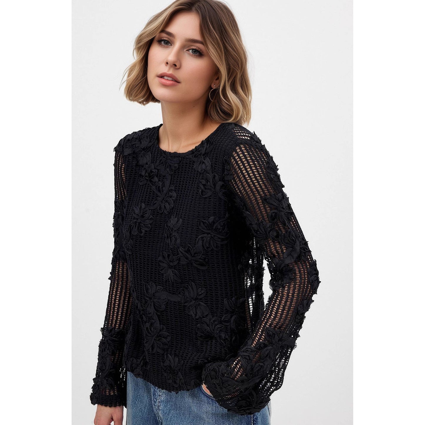 Slim Fit Open-Knit Top with 3D Floral Appliques