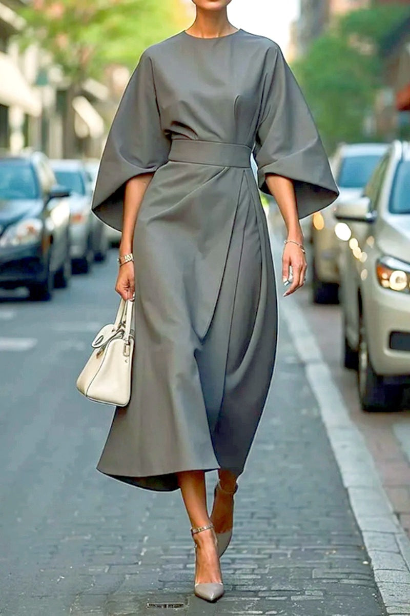 Midi Faux Wrap Dress with Dolman Sleeves