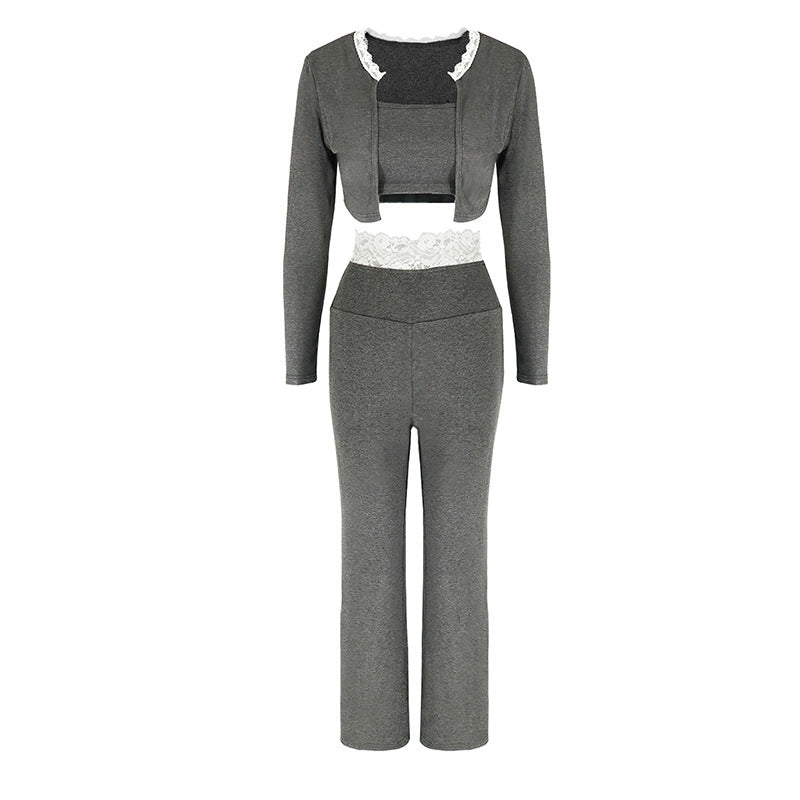Slim-Fit Cropped Knit Pants Set with Long Sleeve and Lace Trim