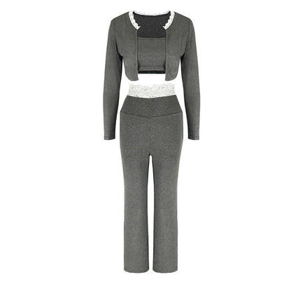 Slim-Fit Cropped Knit Pants Set with Long Sleeve and Lace Trim