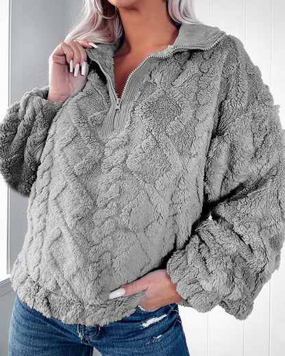 Quilted Plush Pullover with Half-Zip Stand Collar
