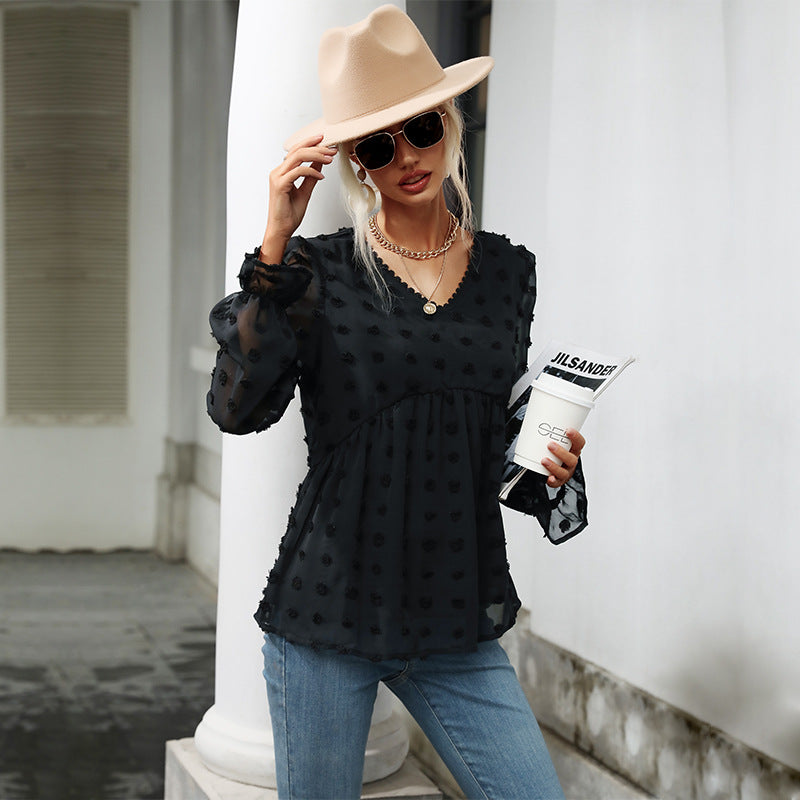 Swiss Dot Blouse with V-Neck and Babydoll Waist