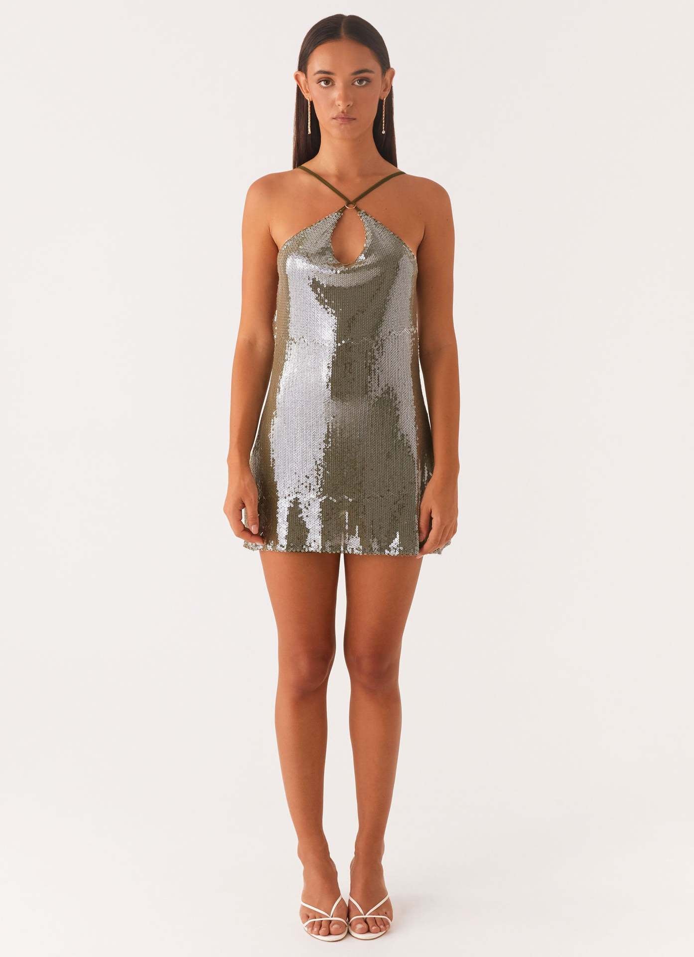 Sequined Mini Slip Dress with Halter Neck and Keyhole Detail