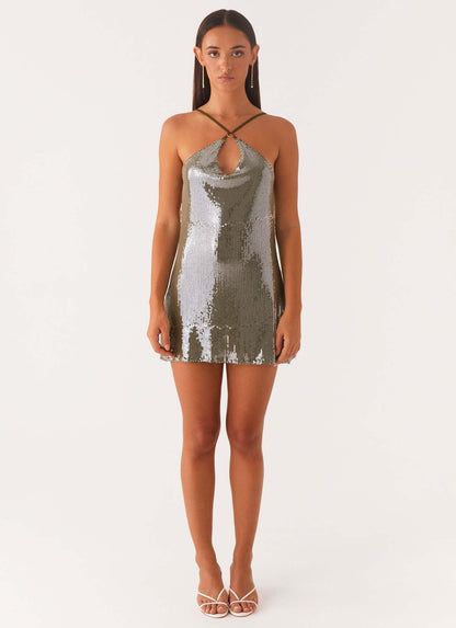 Sequined Mini Slip Dress with Halter Neck and Keyhole Detail