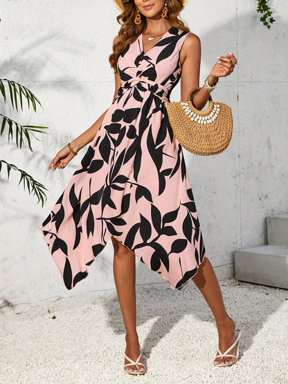 Sleeveless Leaf Print Midi Dress with Twist Waist