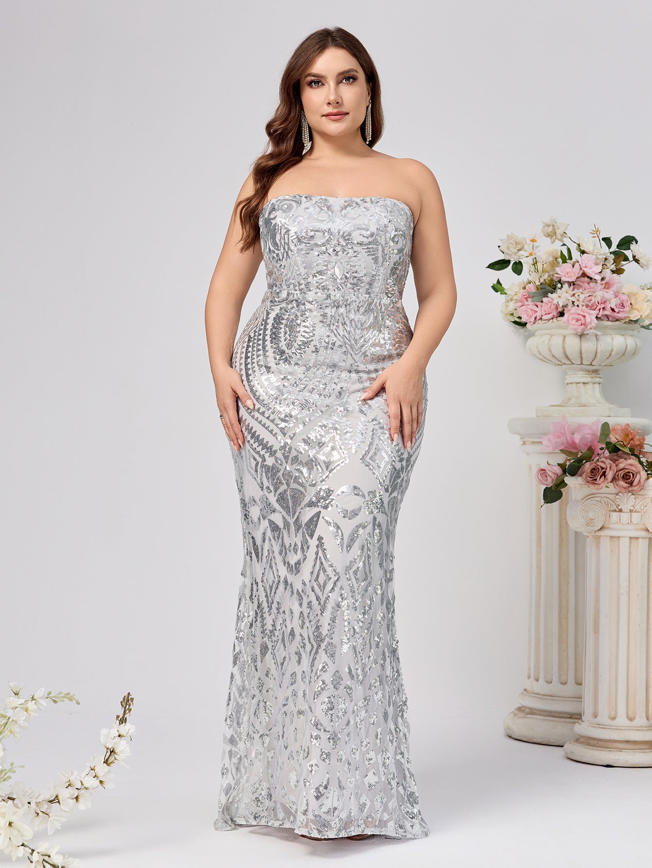 Sequined Sheath Maxi Dress with Strapless Neckline