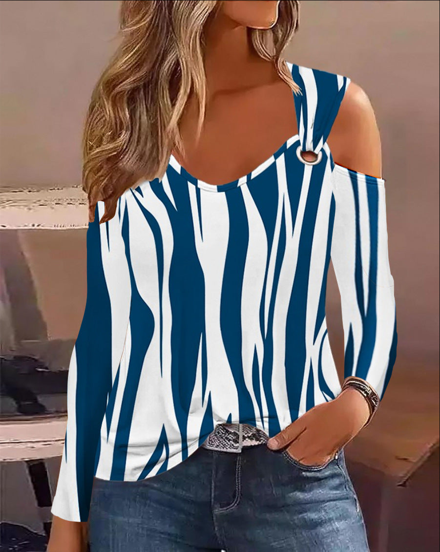 Printed Cold Shoulder Top with V-Neck and Metal Ring