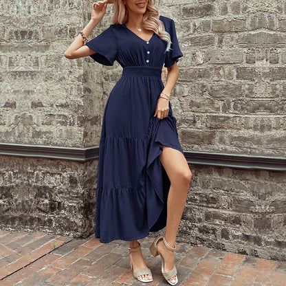 Solid A-Line Midi Dress with V-Neck, Shirred Waist, and Tiered Skirt