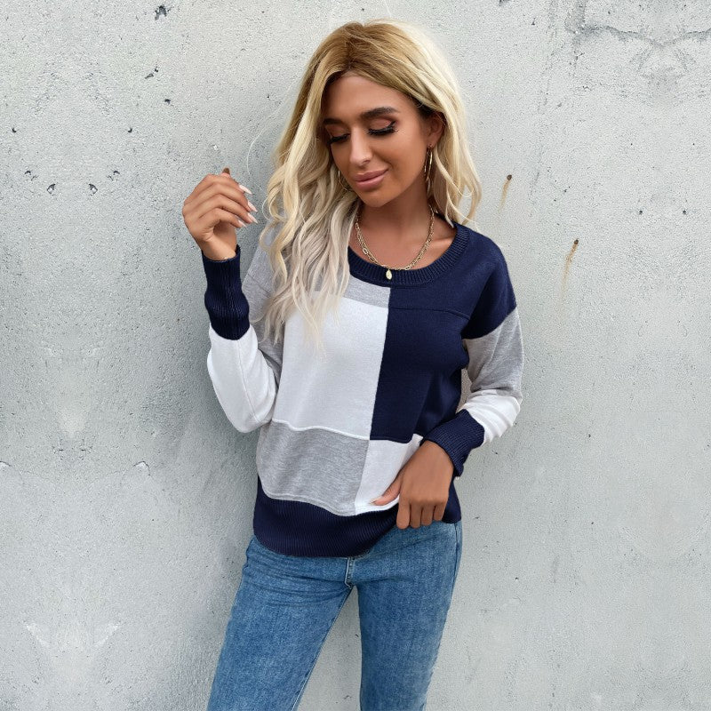 Contrast Color Patchwork Knitted Pullover with Round Neck