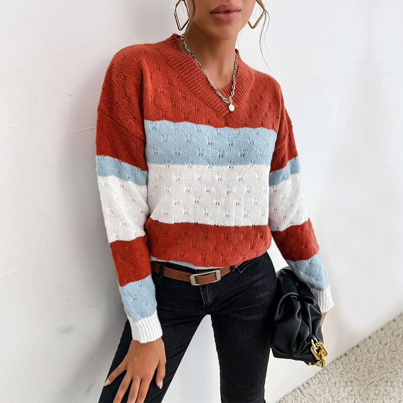 Loose Striped Knit Sweater with V-Neck