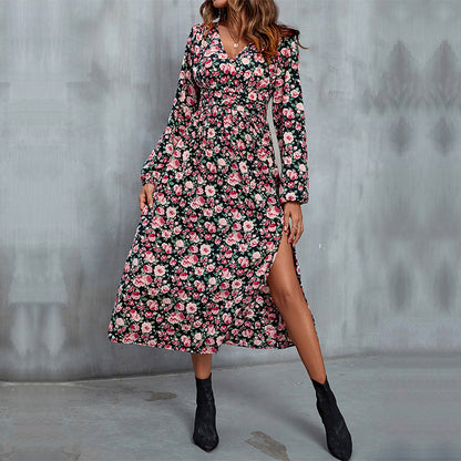 Floral Print Wrap Midi Dress with V-Neck and Side Slit