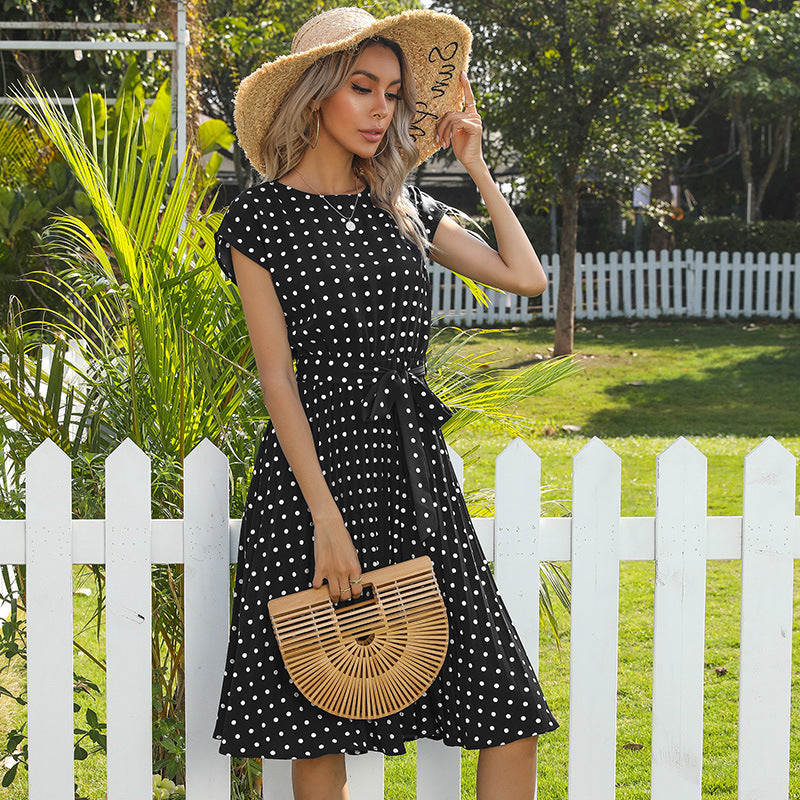 Polka Dot Pleated Midi Dress with Self-Tie Belt