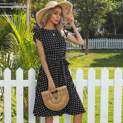 Polka Dot Pleated Midi Dress with Self-Tie Belt