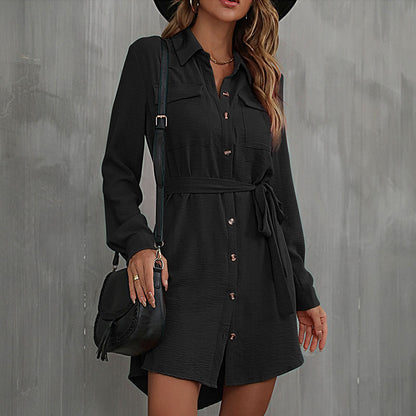 A-Line Shirt Dress with Tie Waist and Button Front