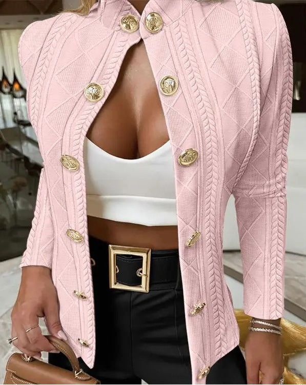 Textured Knit Jacket with Stand Collar and Gold Buttons