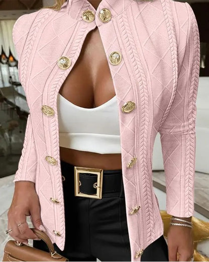 Textured Knit Jacket with Stand Collar and Gold Buttons