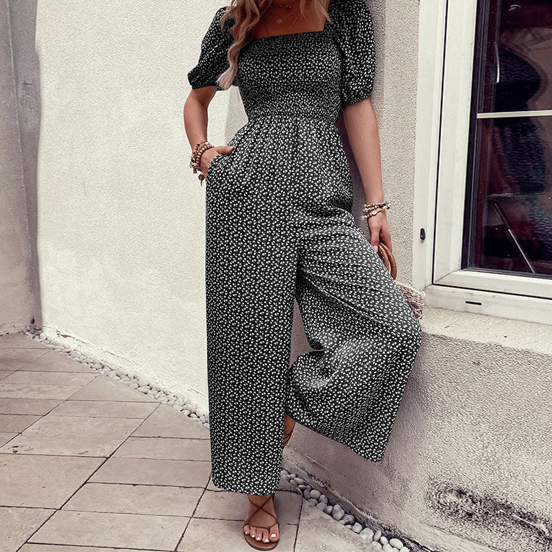 Smocked Floral Jumpsuit with Square Neck and Wide Legs