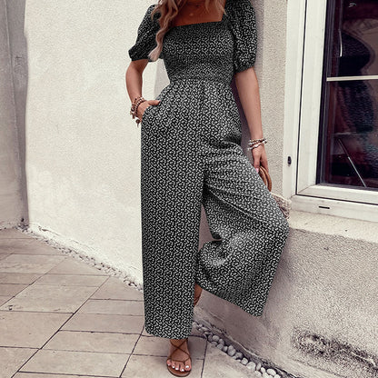 Smocked Floral Jumpsuit with Square Neck and Wide Legs