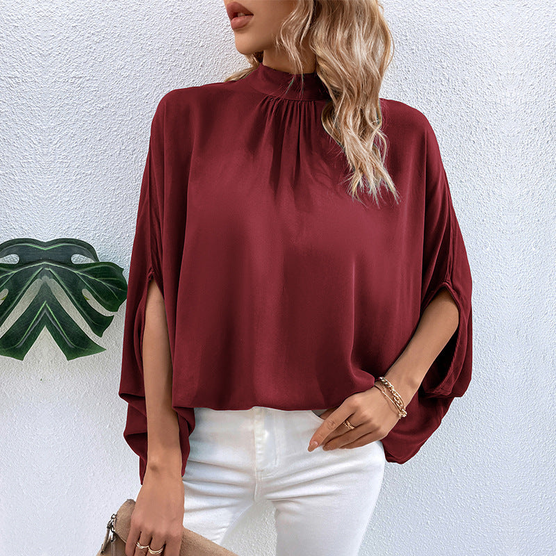 Solid Loose Blouse with Batwing Sleeves and Gathered Mock Neck