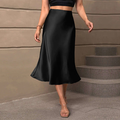 Solid Satin Mermaid Midi Skirt with Wrinkle-Resistant Finish