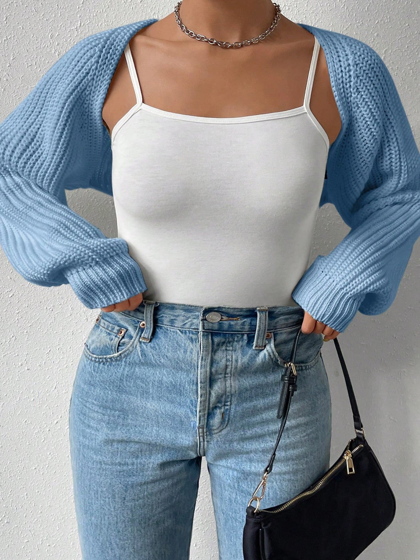 Cropped Ribbed Knit Shrug with Long Sleeves