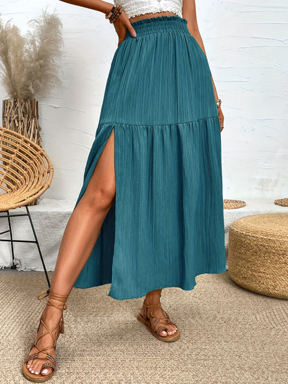 Solid Pleated Maxi Skirt with High Slit and Ruffled Waist
