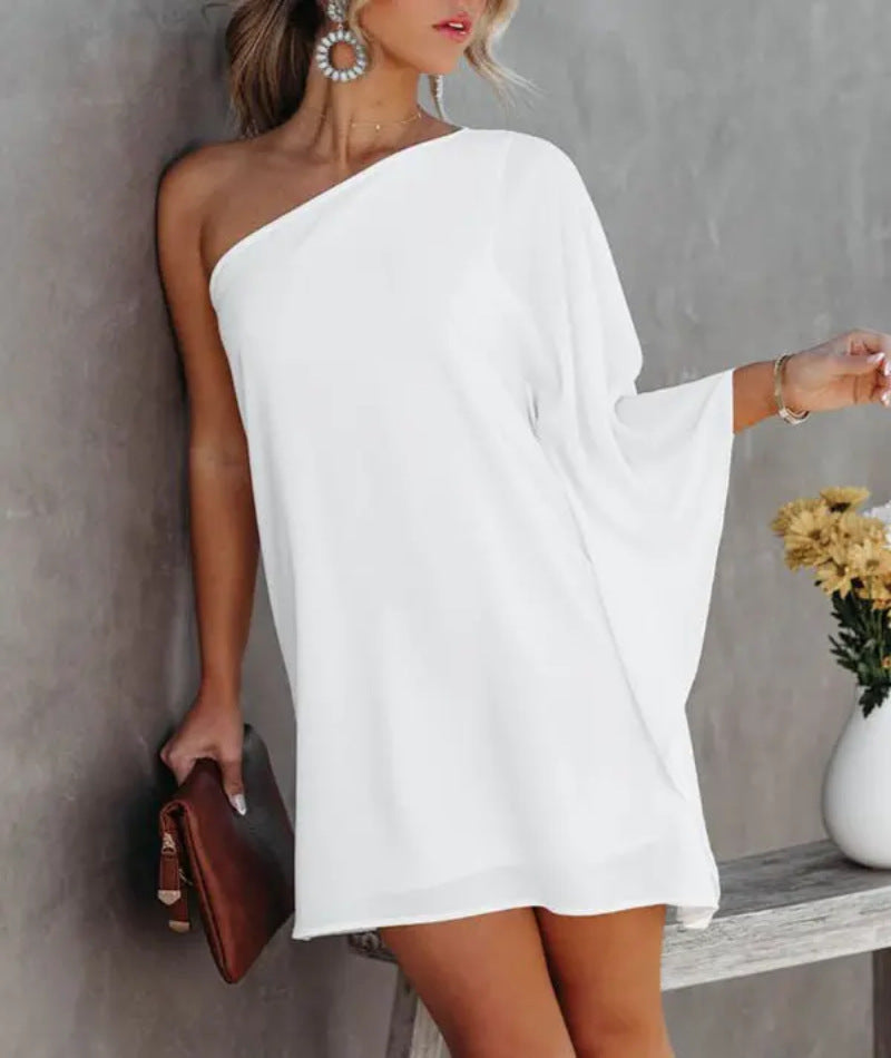 Printed One-Shoulder Mini Dress with Bat Sleeves