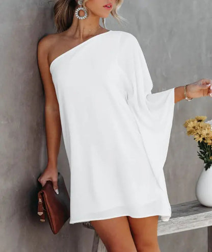 Printed One-Shoulder Mini Dress with Bat Sleeves