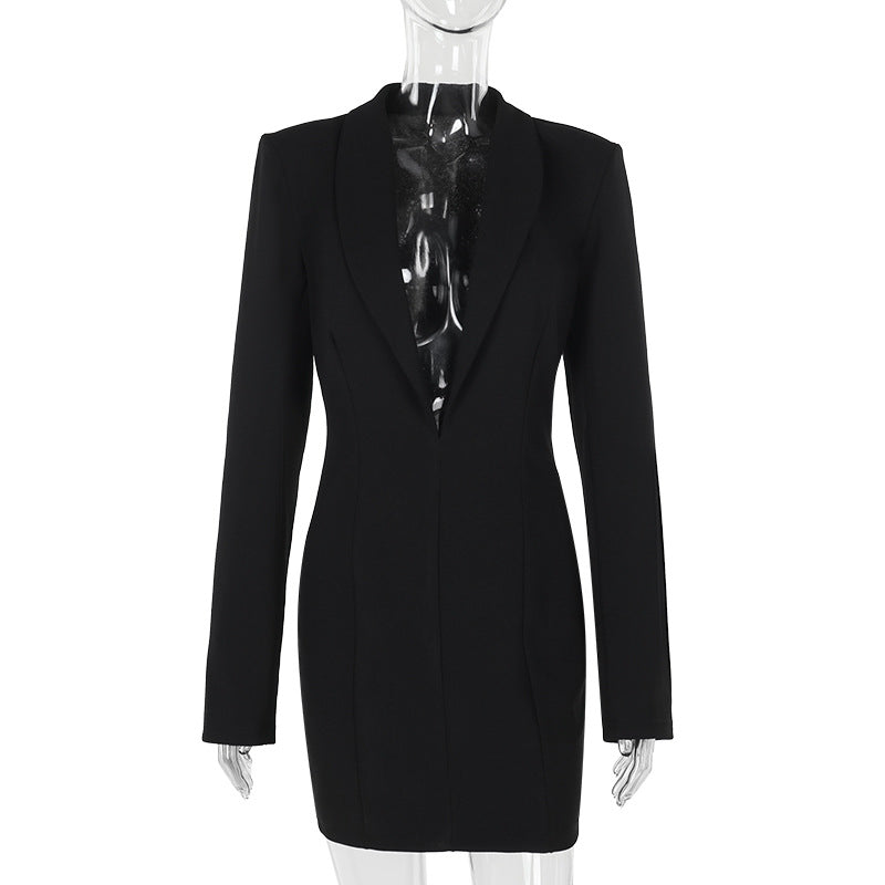 Bodycon Blazer Mini Dress with Deep V-Neck and Long Sleeves