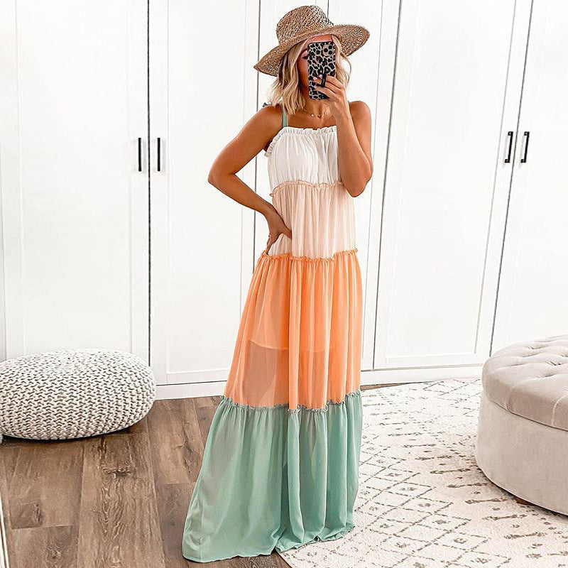 Color Block Maxi Dress with Tiered Skirt and Spaghetti Straps