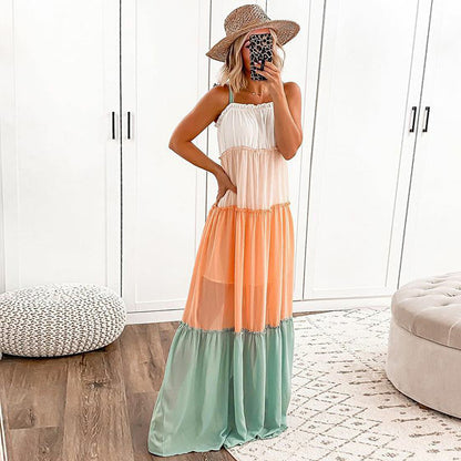 Color Block Maxi Dress with Tiered Skirt and Spaghetti Straps