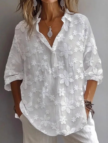 Floral Embroidered Blouse with V-Neck and 3/4 Sleeves