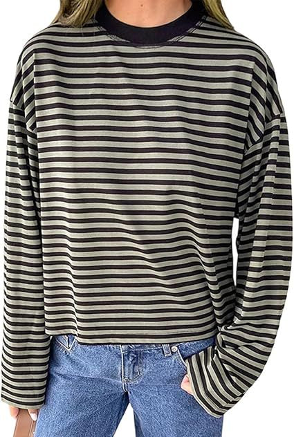 Oversized Striped Long Sleeve T-Shirt with Round Neck
