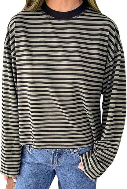 Oversized Striped Long Sleeve T-Shirt with Round Neck