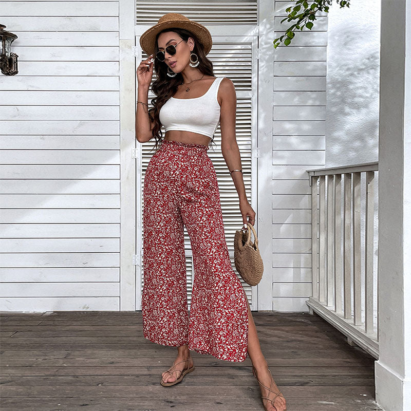 Floral High-Waist Wide-Leg Cropped Pants with Side Slits
