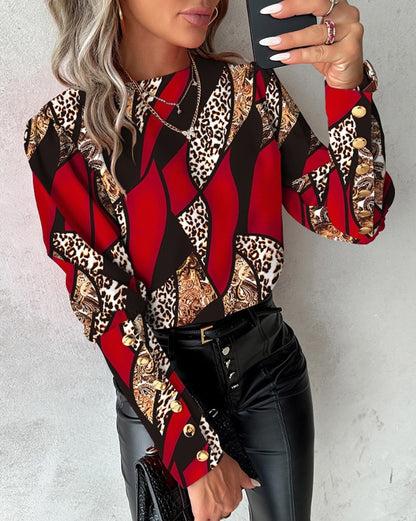 Geometric & Leopard Print Blouse with Round Neck and Button Cuffs