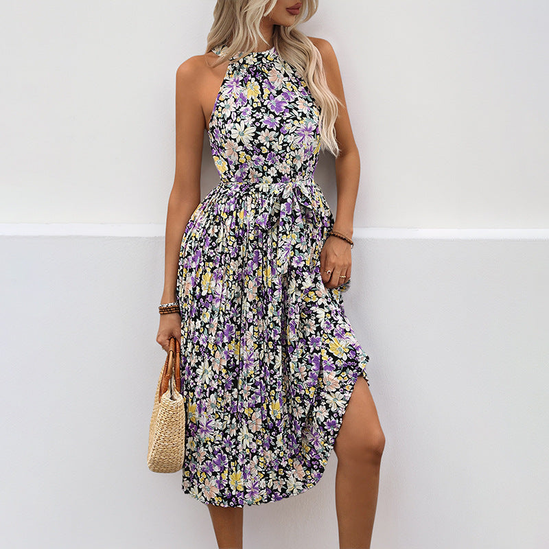Floral Print Halter Midi Dress with Pleated Skirt