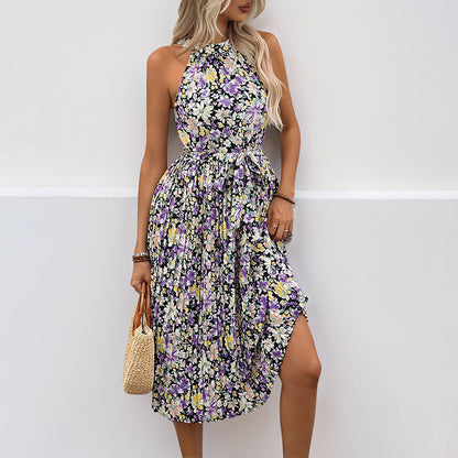 Floral Print Halter Midi Dress with Pleated Skirt