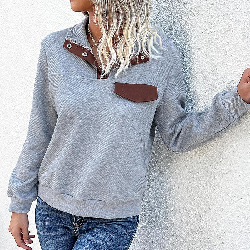 Quilted Pullover Sweatshirt with Contrast Button Placket