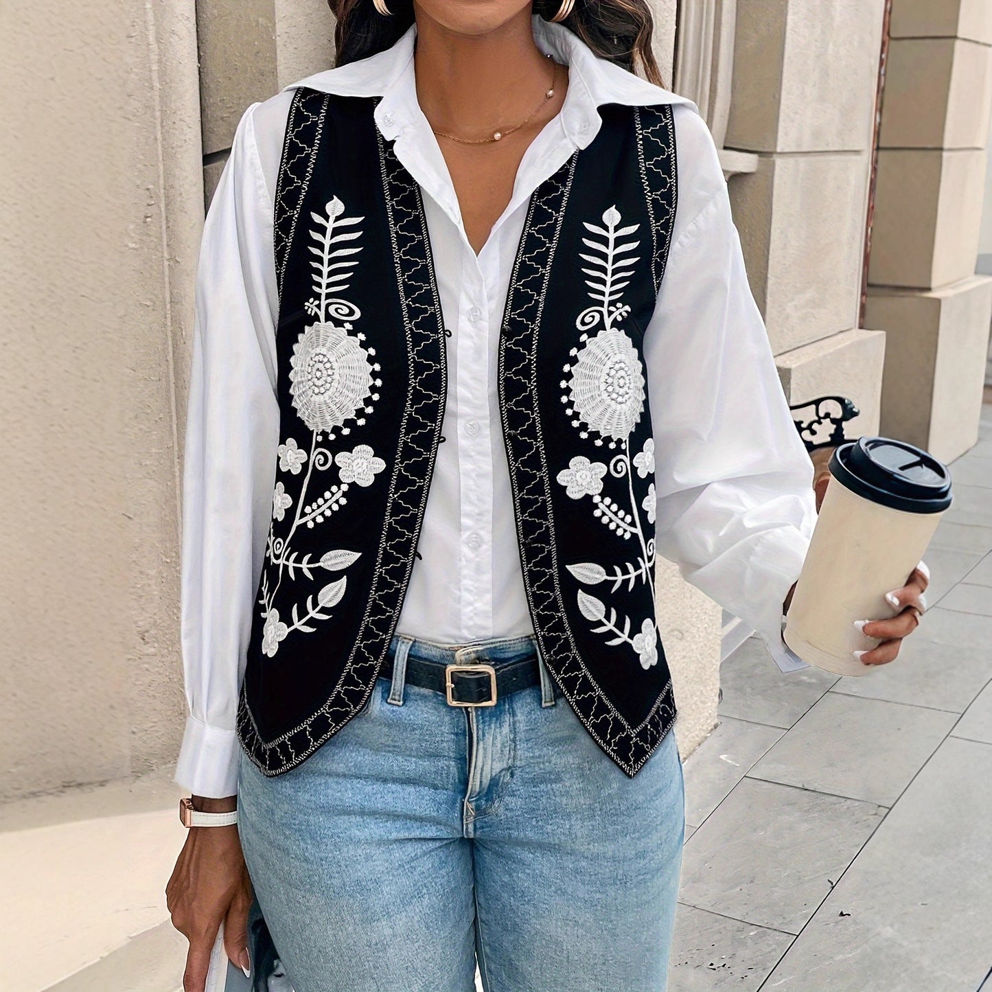 Floral Embroidered Cardigan Vest with V-Neck