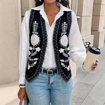 Floral Embroidered Cardigan Vest with V-Neck
