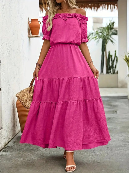Tiered Maxi Dress with Off-Shoulder Ruffle Neckline and Slit
