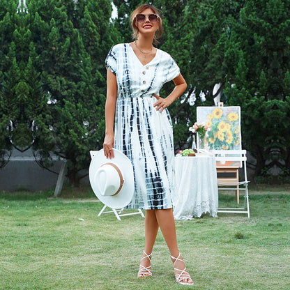 Tie-Dye A-Line Midi Dress with V-Neck and Button Detail