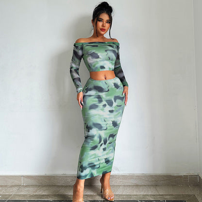 Abstract Print Bodycon Two-Piece Set with Off-the-Shoulder Top