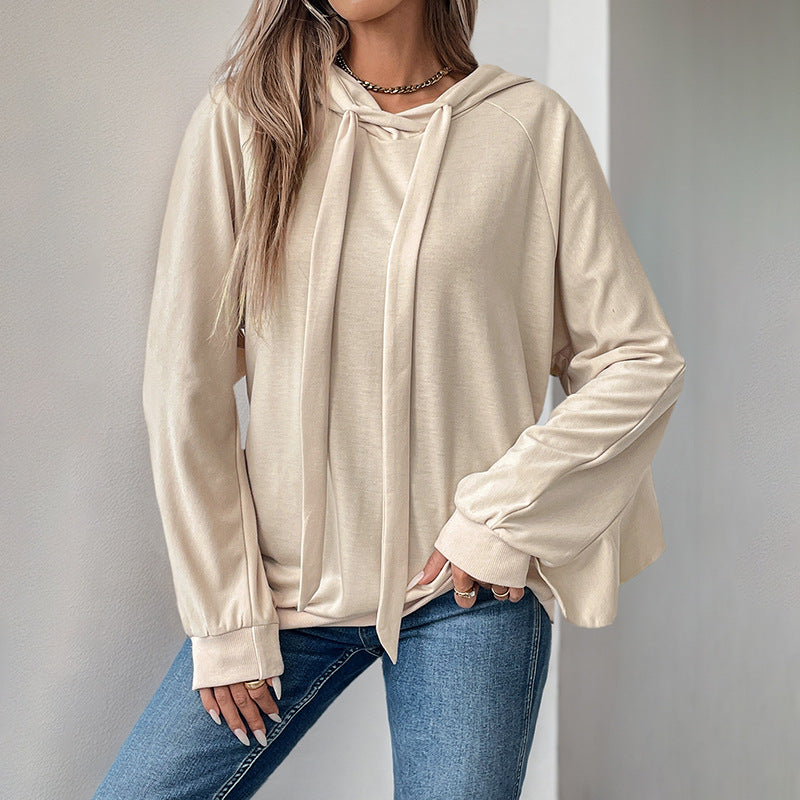 Oversized Solid Sweatshirt with Drawstring Hood and Bell Sleeves
