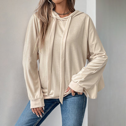 Oversized Solid Sweatshirt with Drawstring Hood and Bell Sleeves