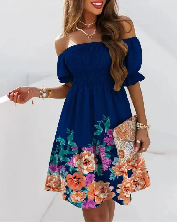 Printed Off-Shoulder Mini Dress with Smocked Bodice