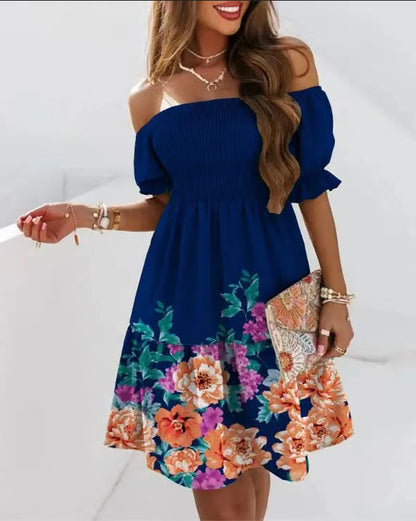 Printed Off-Shoulder Mini Dress with Smocked Bodice