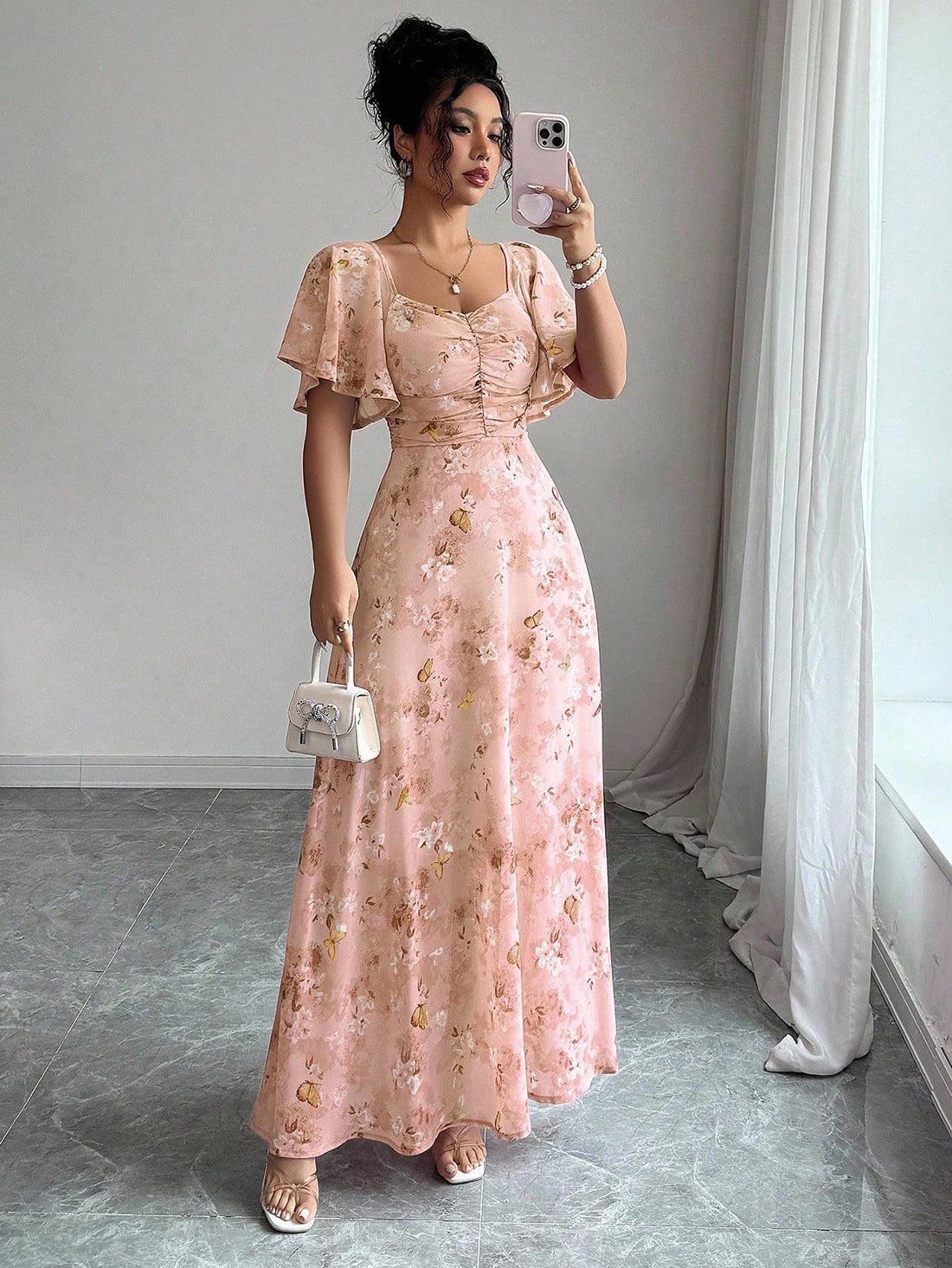Floral Print Maxi Dress with Flutter Sleeves and Ruched Bust
